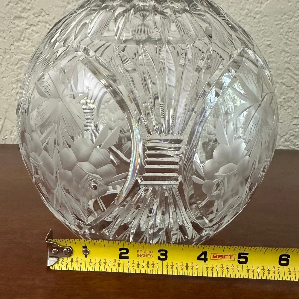 Crystal Frosted Floral Etched Cut Glass Clear Rose Bowl Vase Vintage Cottagecore